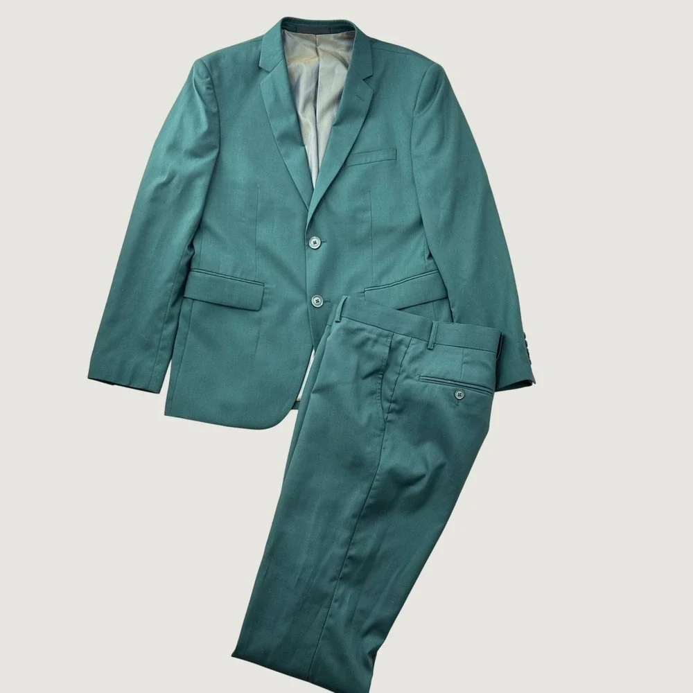 Braveman Mens Slim Fit 2 Piece Suit Teal Green Two Button Blazer Pants Set